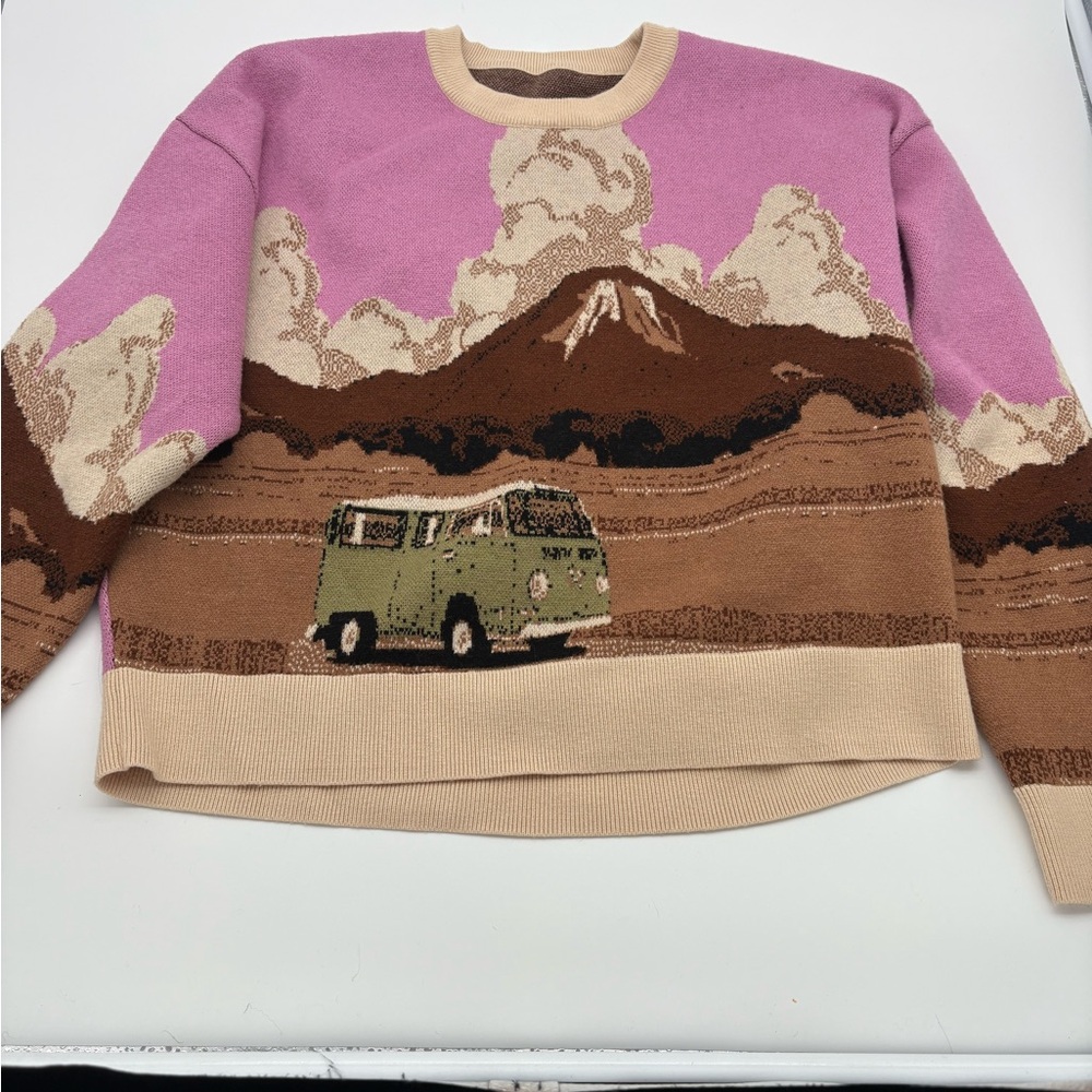 Cider  Pink and Brown Graphic Woven Knit Sweater